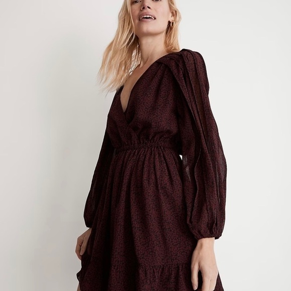 Madewell (Re)sourced Georgette Faux-Wrap Mini Dress SMALL Cabernet - Picture 3 of 12